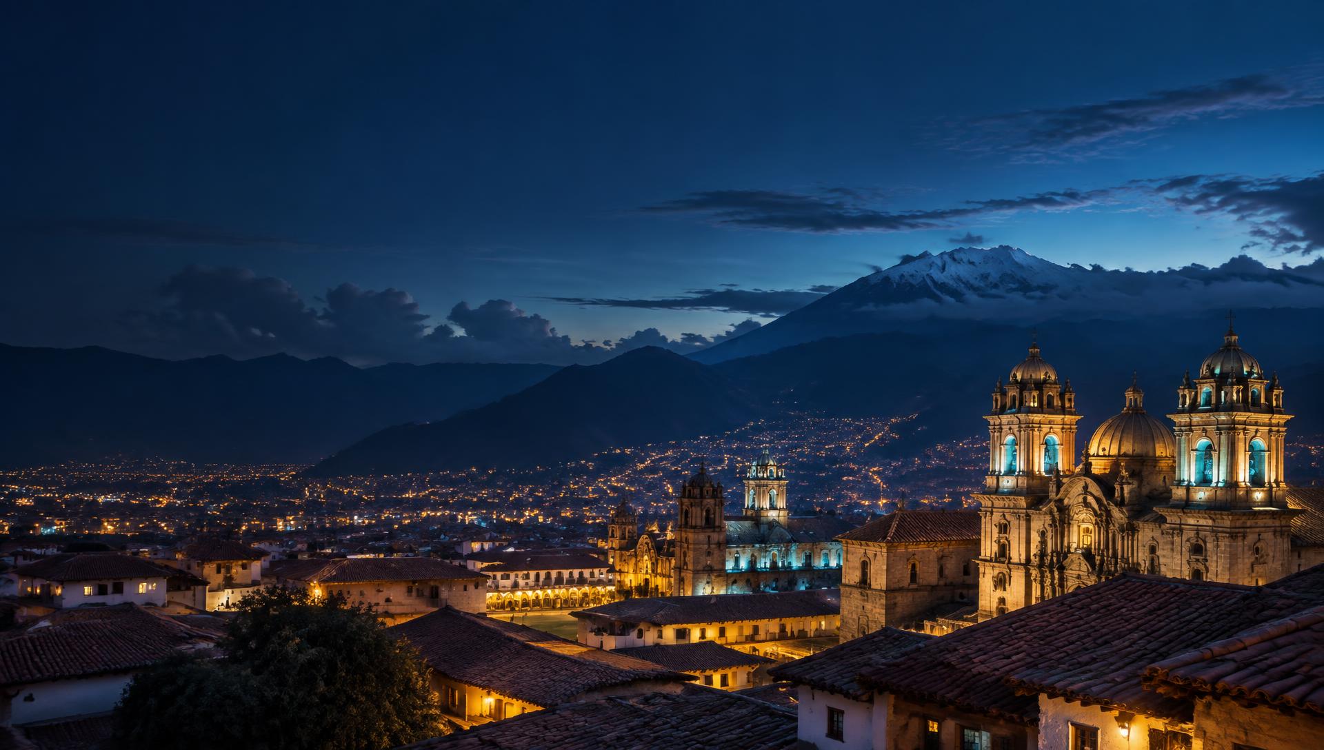 Vista nocturna de la ciudad de Cusco y sus iglesias históricas bajo los Andes